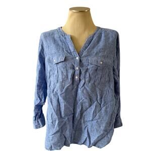 Talbots Blue 100% Linen Long Sleeve Blouse Sz L/XL Boho Minimalist Summer